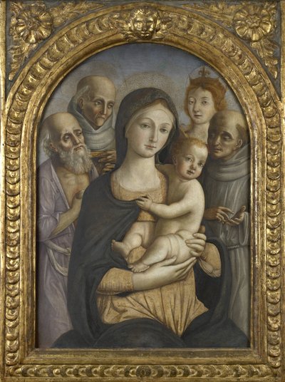 Die Jungfrau und das Kind mit den Heiligen Hieronymus, Bernhardin von Siena, Katharina von Alexandria und Franziskus, 15. Jahrhundert von Pietro di Francesco degli Orioli